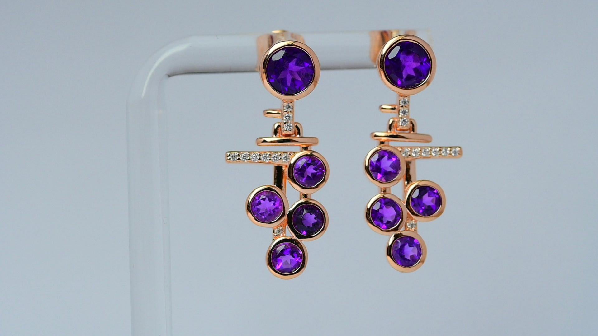 Round Cut Amethyst Earrings Art Deco 18K Rose Gold Earrings For Women Purple Gem In New Condition In New York, NY