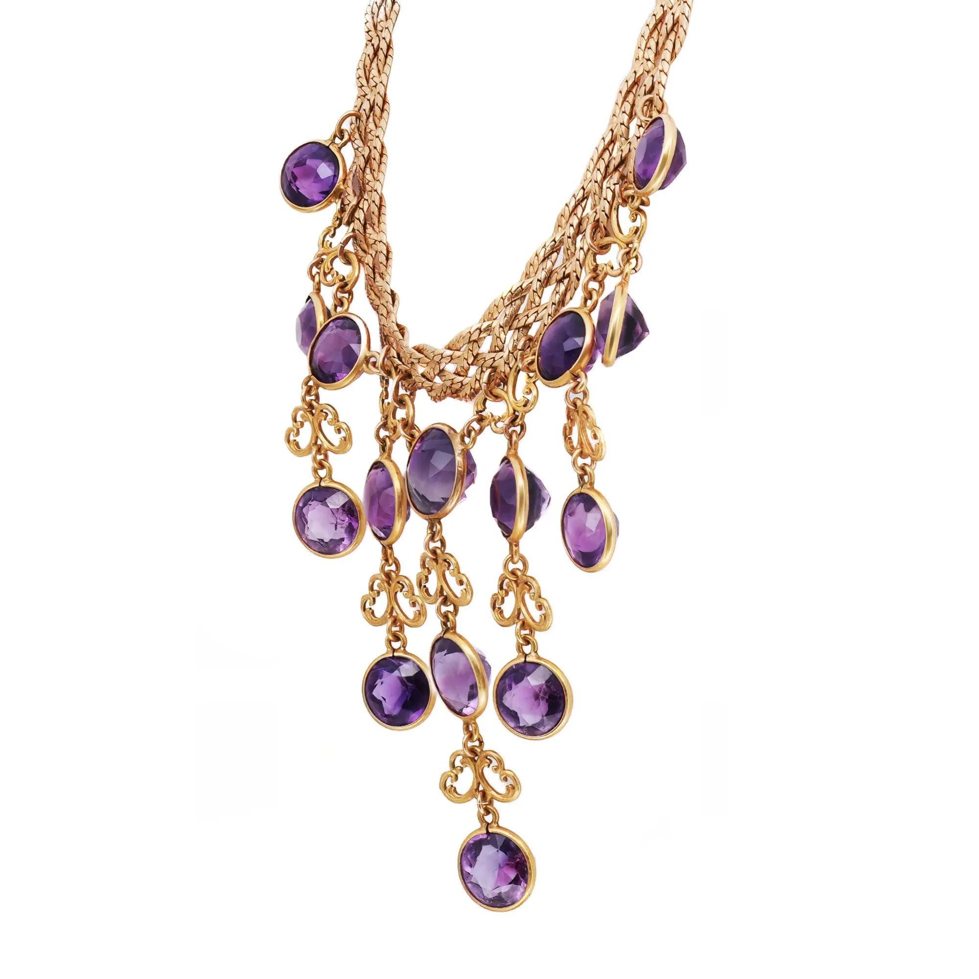 Moderno Collana con frange di ametista taglio rotondo in oro giallo 14K in vendita