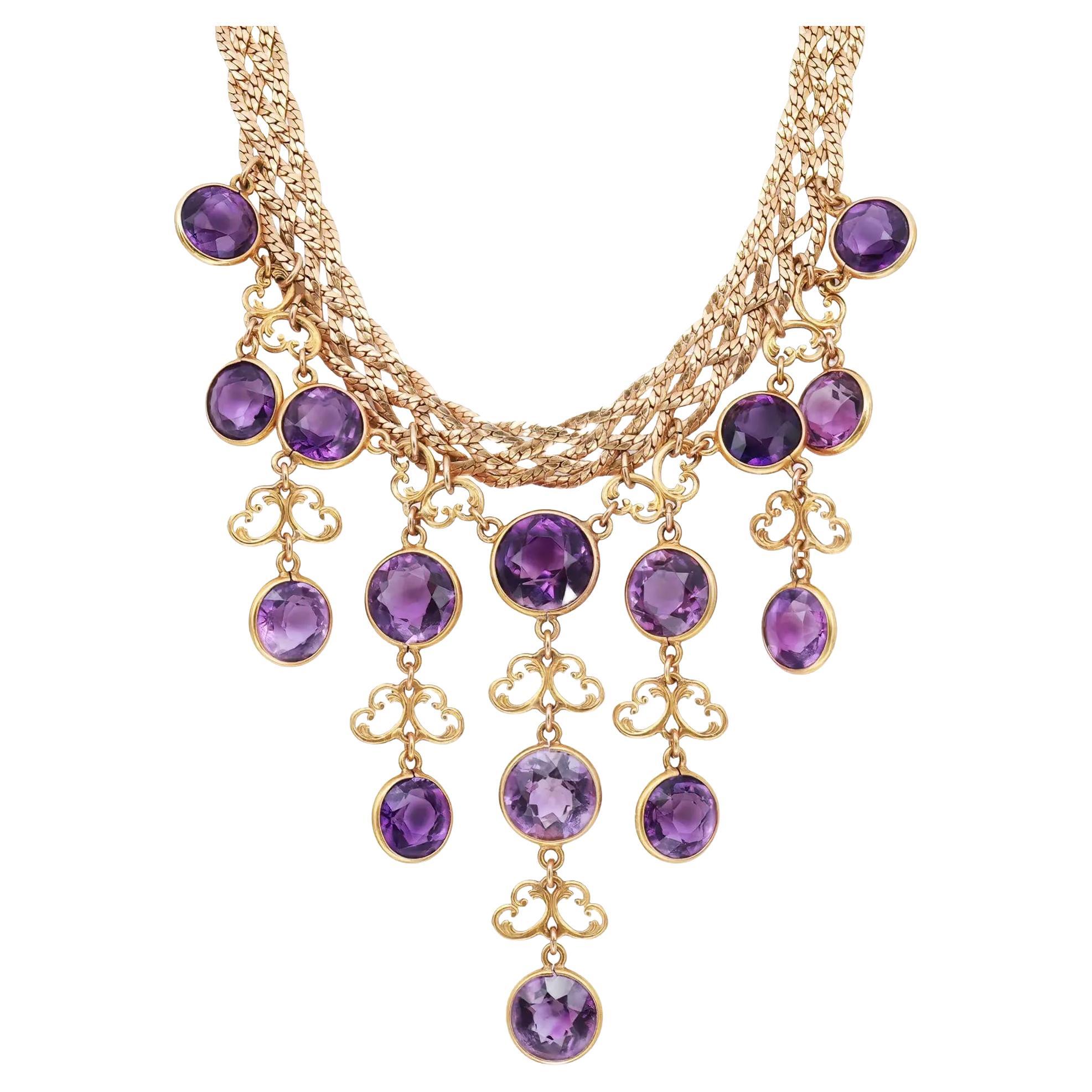Round Cut Amethyst Fringe Drop Necklace 14K Yellow Gold