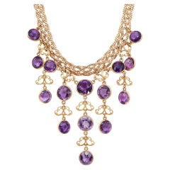 Round Cut Amethyst Fringe Drop Necklace 14K Yellow Gold