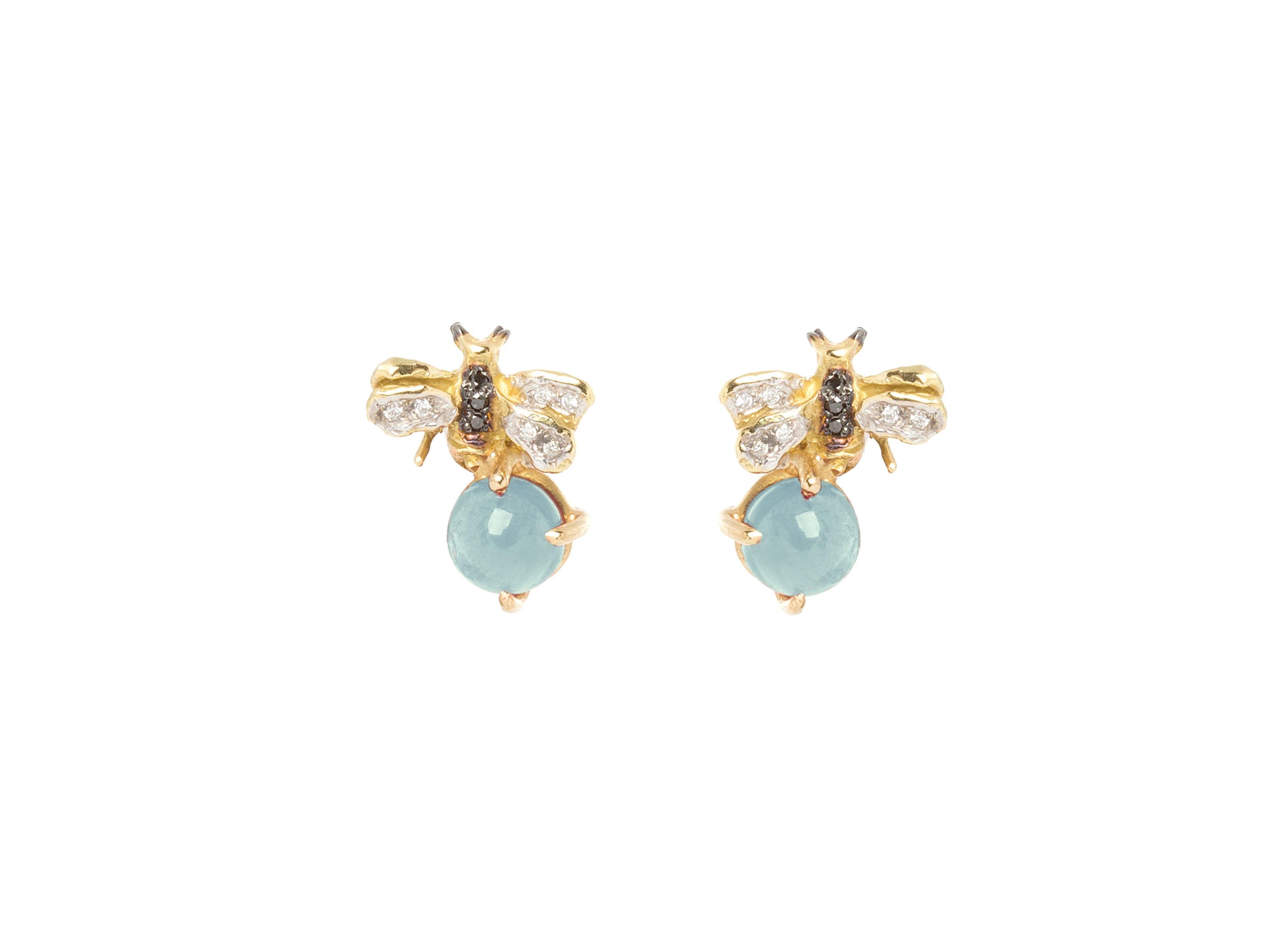 Round Cut Rossella Ugolini 2.16 Kt Aquamarine 18K Gold Diamonds Bees Stud Earring For Sale