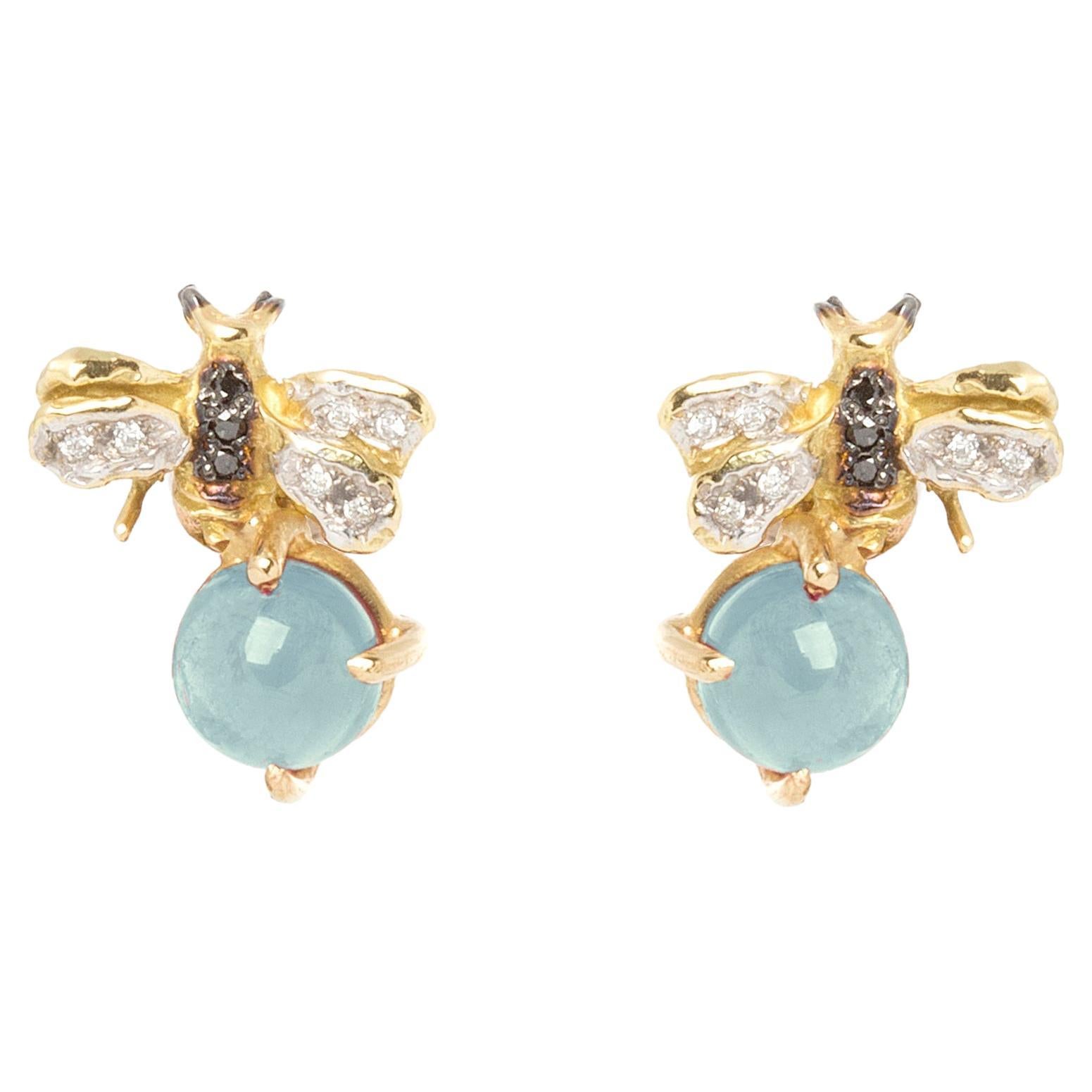 Rossella Ugolini 2.16 Kt Aquamarine 18K Gold Diamonds Bees Stud Earring For Sale