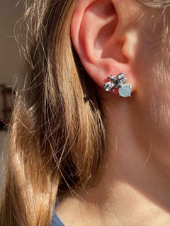 2, 16 Carat Aquamarine 18K White Gold 0.16 Karat Diamonds Bees Stud Earrings