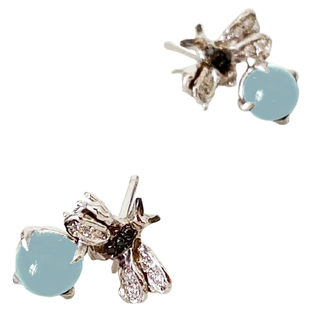 2, 16 Carat Aquamarine 18K White Gold 0.16 Karat Diamonds Bees Stud Earrings For Sale