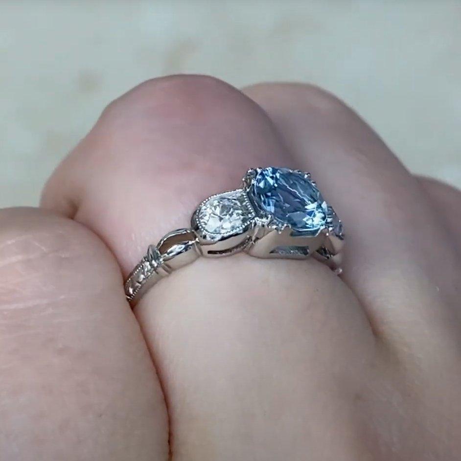 Anillo de compromiso de aguamarina talla redonda (aprox. 0,80 quilates), platino Art Decó en venta