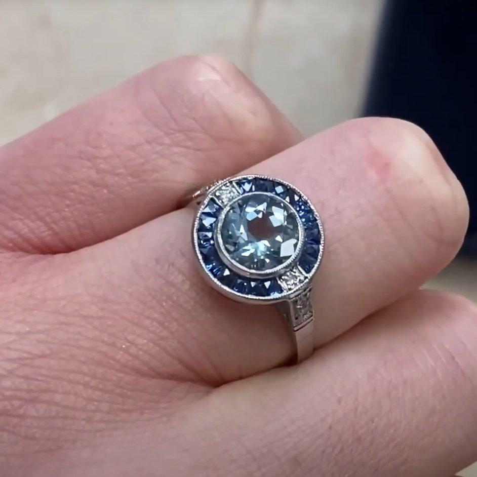 Bague de fiançailles aigue-marine taille ronde (environ 1 carat), halo, platine Pour femmes en vente