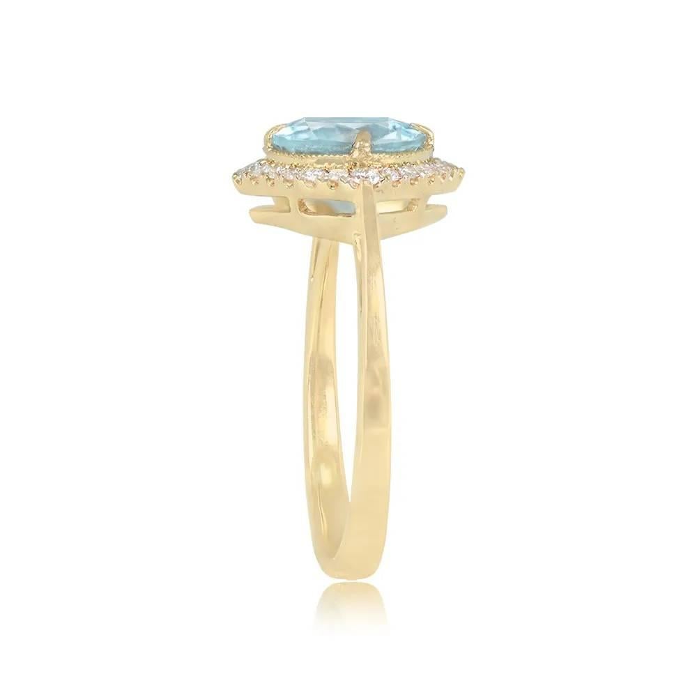 Art Deco Round Cut Aquamarine Engagement Ring, Diamond Halo, 18k Yellow Gold For Sale