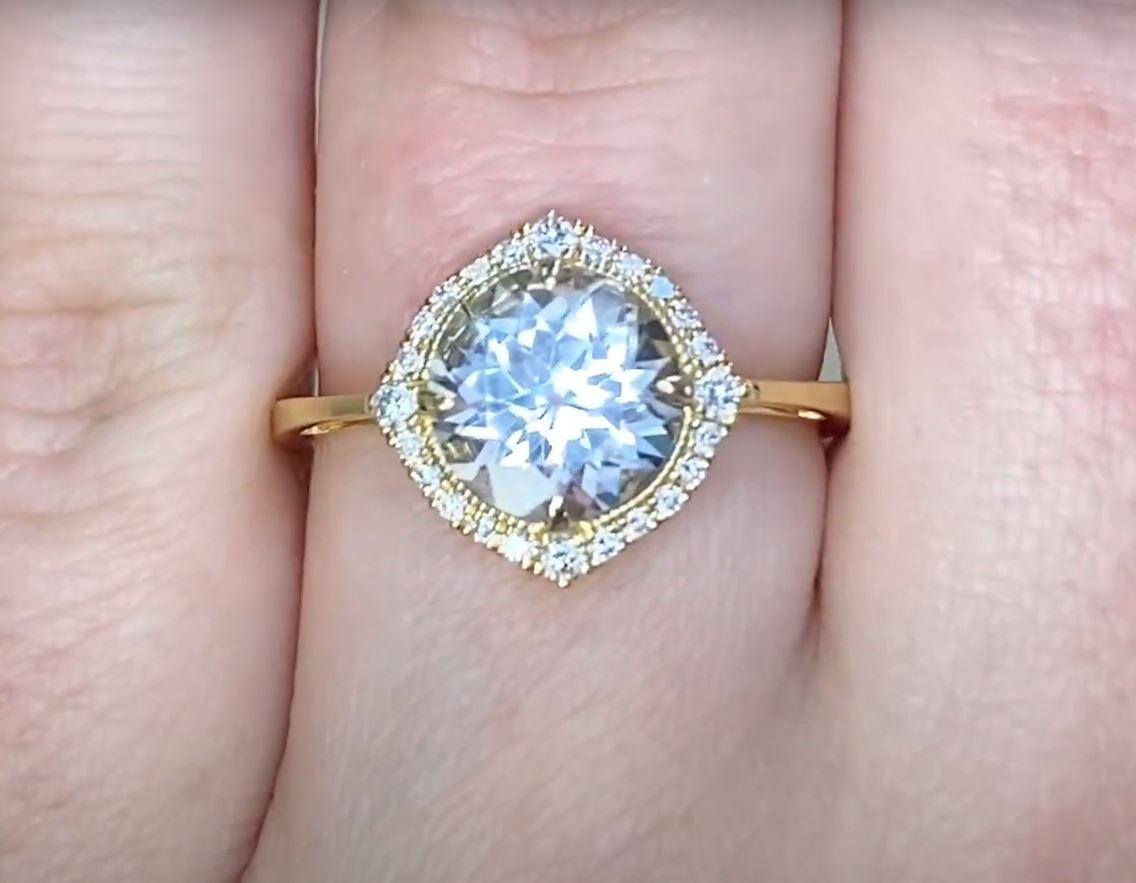 Women's Round Cut Aquamarine Engagement Ring, Diamond Halo, 18k Yellow Gold For Sale