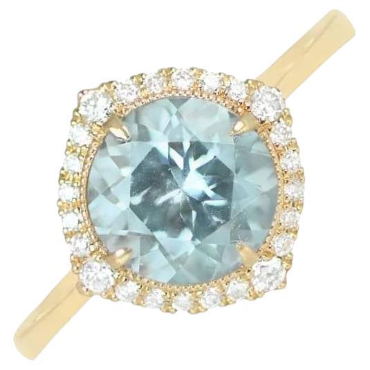 Round Cut Aquamarine Engagement Ring, Diamond Halo, 18k Yellow Gold For Sale