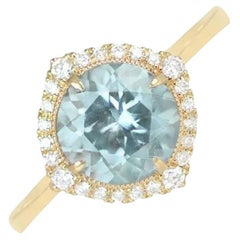 Round Cut Aquamarine Engagement Ring, Diamond Halo, 18k Yellow Gold