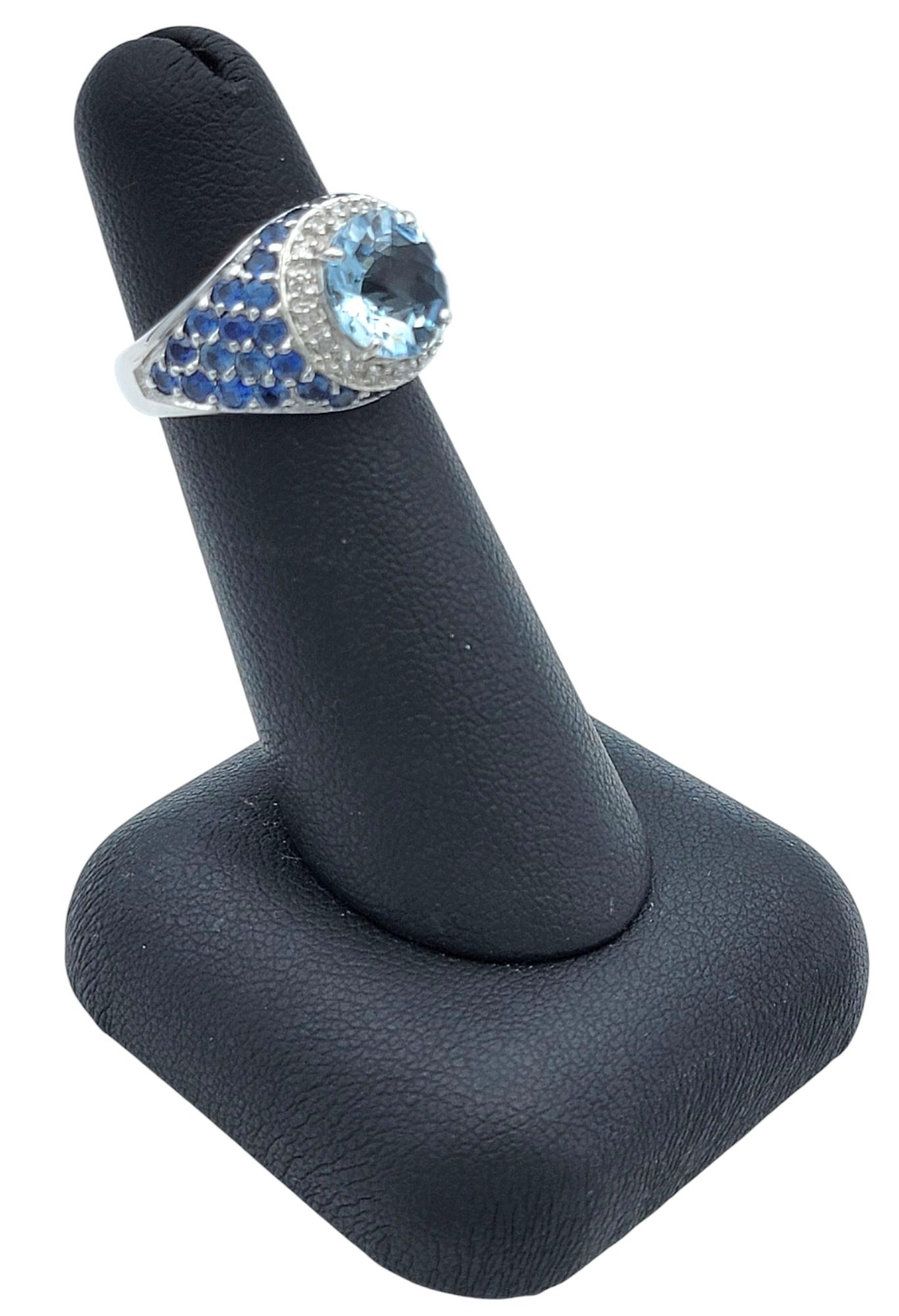 Round Cut Aquamarine Ring with Pavé Sapphires and Diamonds 14 Karat White Gold For Sale 5