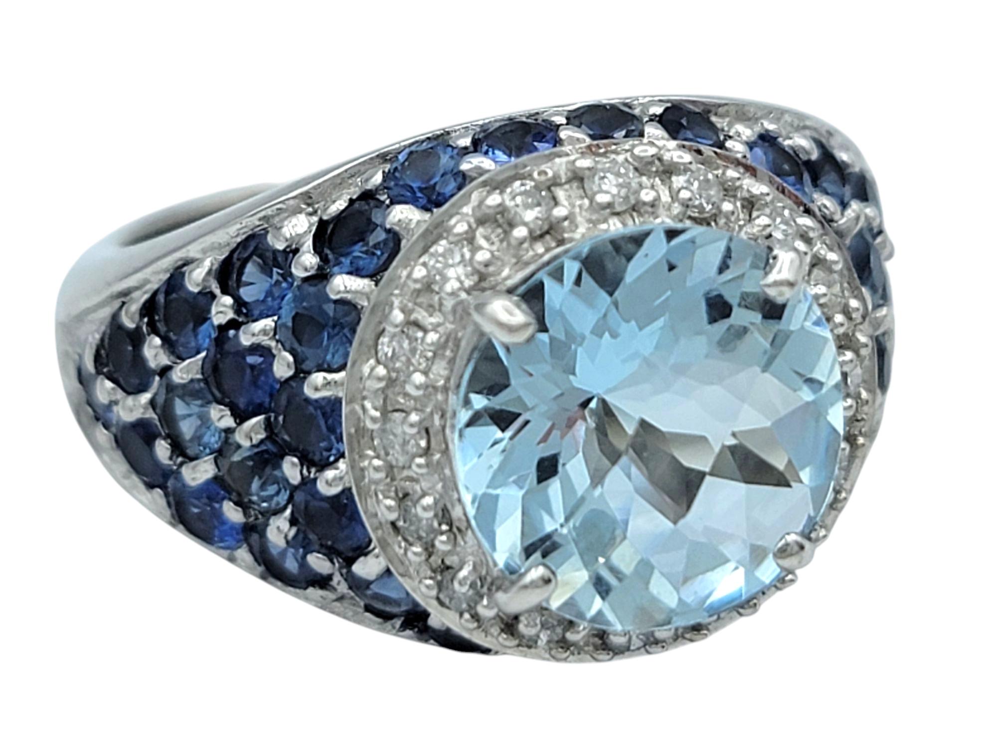 Round Cut Aquamarine Ring with Pavé Sapphires and Diamonds 14 Karat White Gold In Good Condition For Sale In Scottsdale, AZ