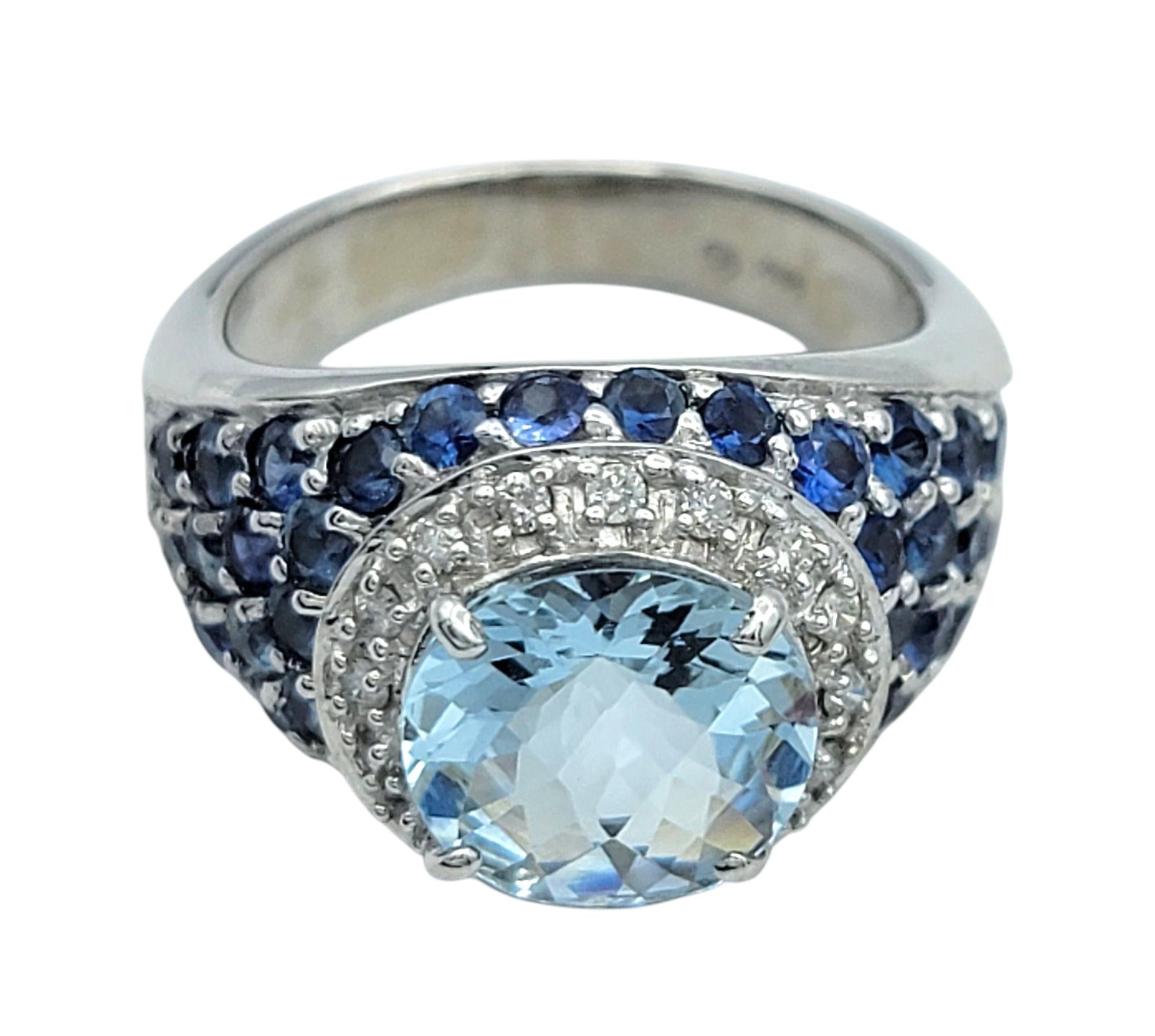 Women's Round Cut Aquamarine Ring with Pavé Sapphires and Diamonds 14 Karat White Gold For Sale