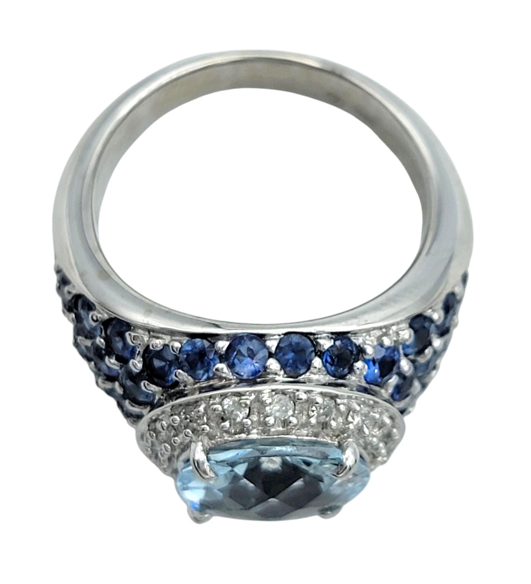 Round Cut Aquamarine Ring with Pavé Sapphires and Diamonds 14 Karat White Gold For Sale 1