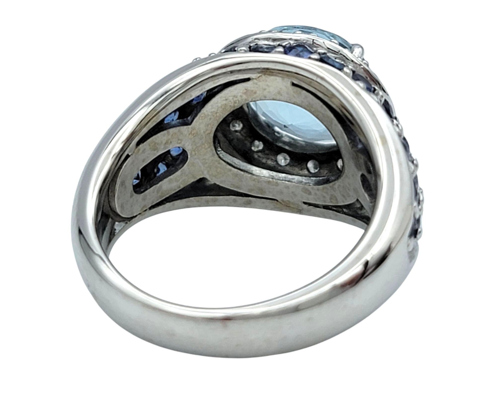 Round Cut Aquamarine Ring with Pavé Sapphires and Diamonds 14 Karat White Gold For Sale 2
