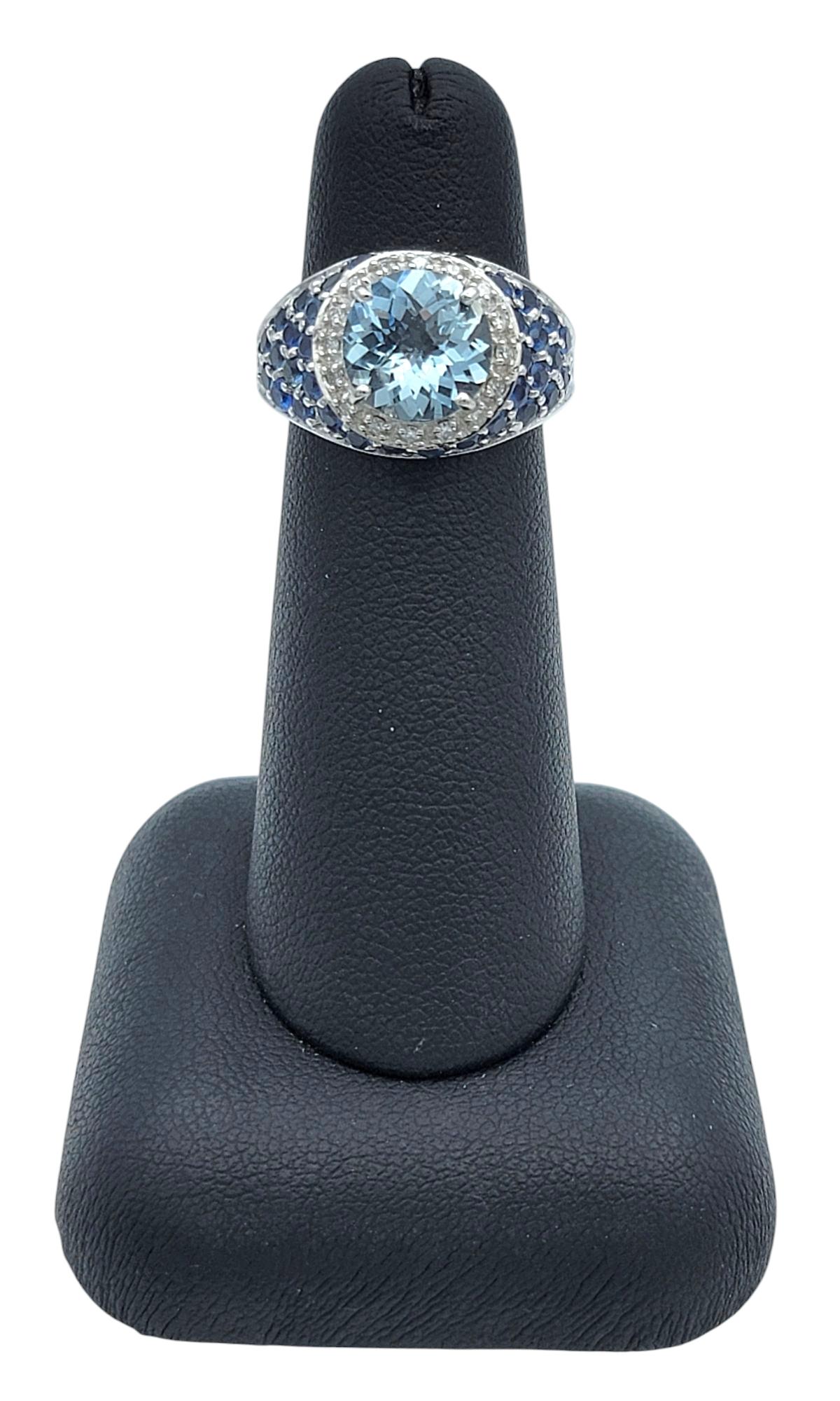 Round Cut Aquamarine Ring with Pavé Sapphires and Diamonds 14 Karat White Gold For Sale 4