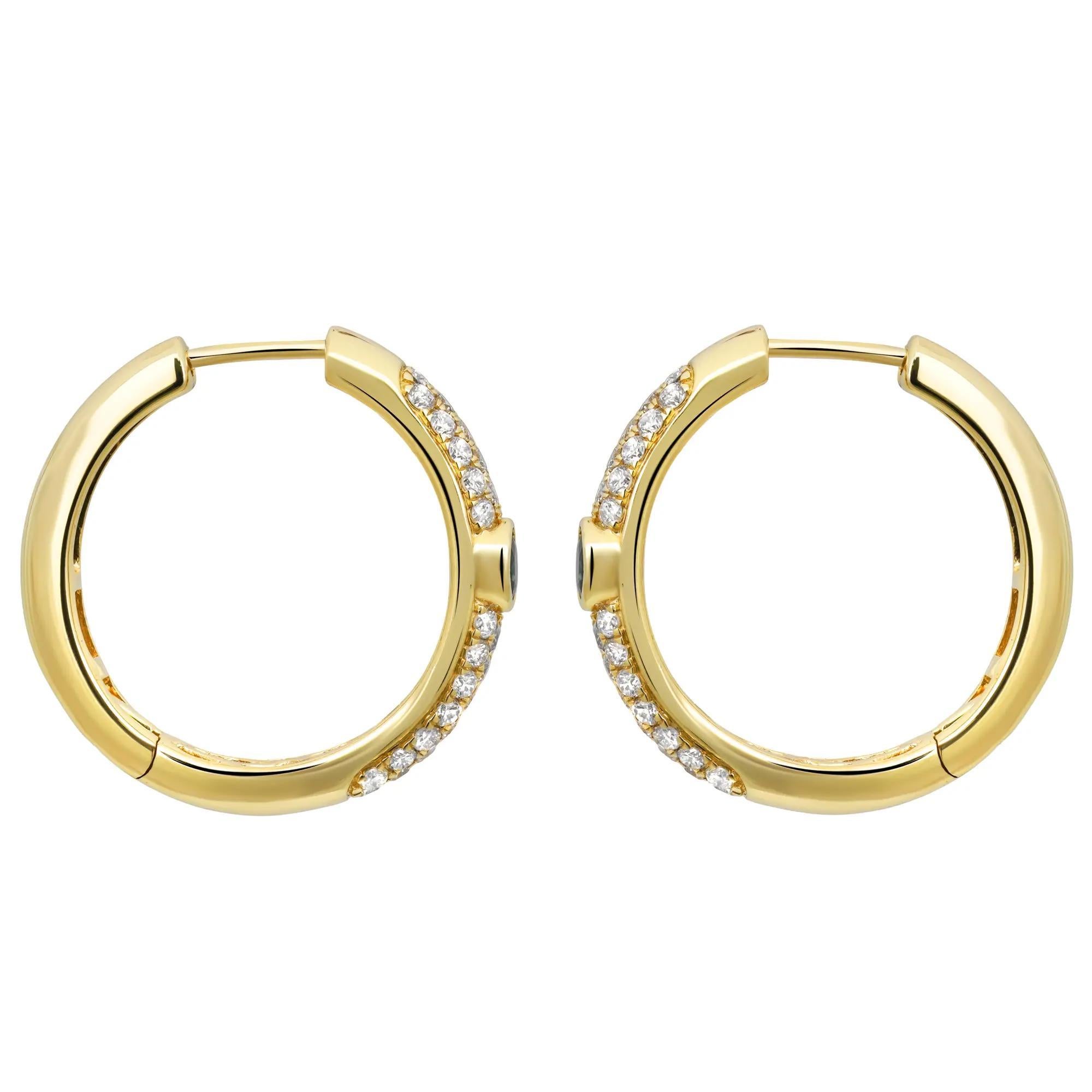 Moderne Créoles en or jaune 14 carats avec saphir bleu taille ronde 0,39 carat et diamants 0,79 carat en vente