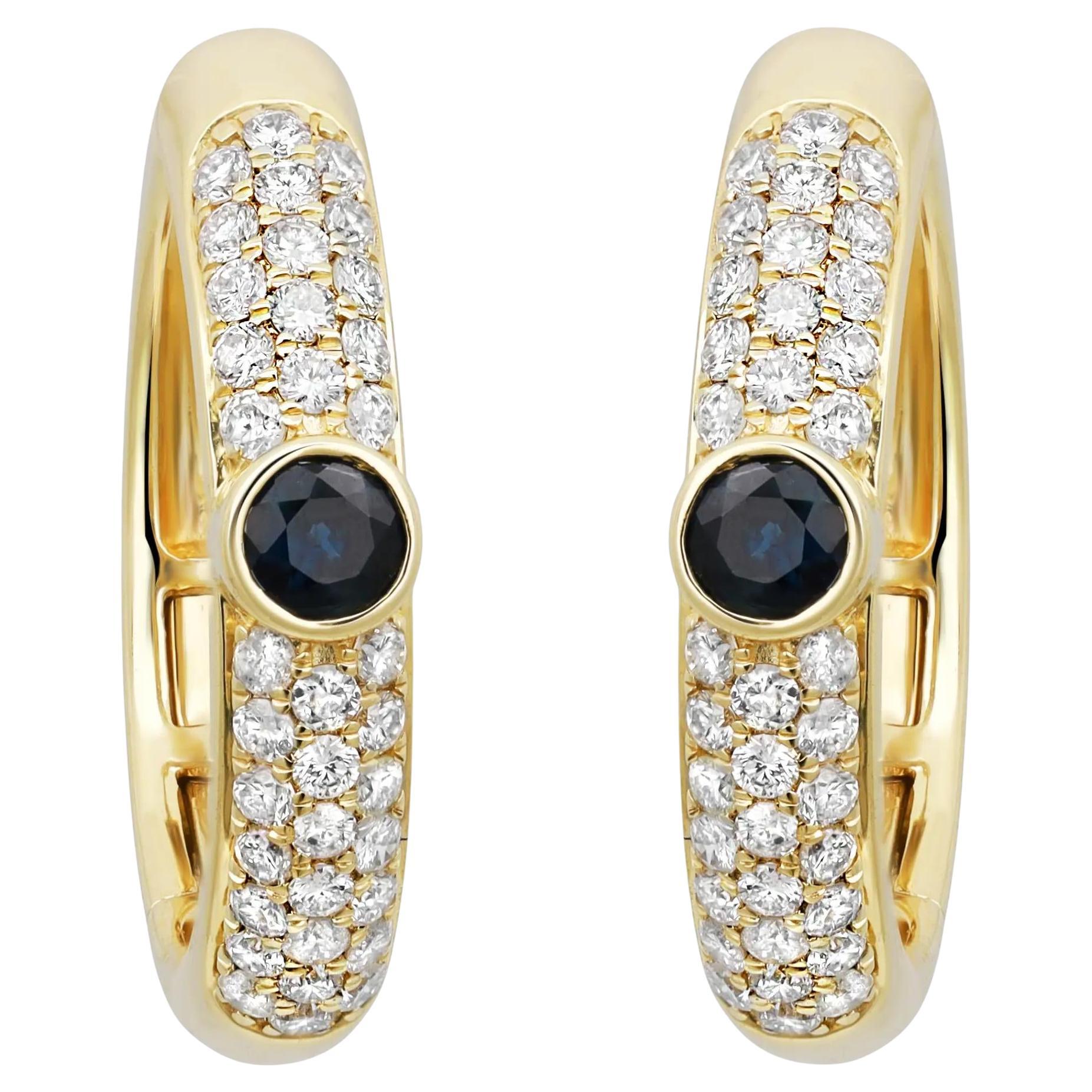 Round Cut Blue Sapphire 0.39Ctw & Diamond 0.79Ctw Hoop Earrings 14K Yellow Gold