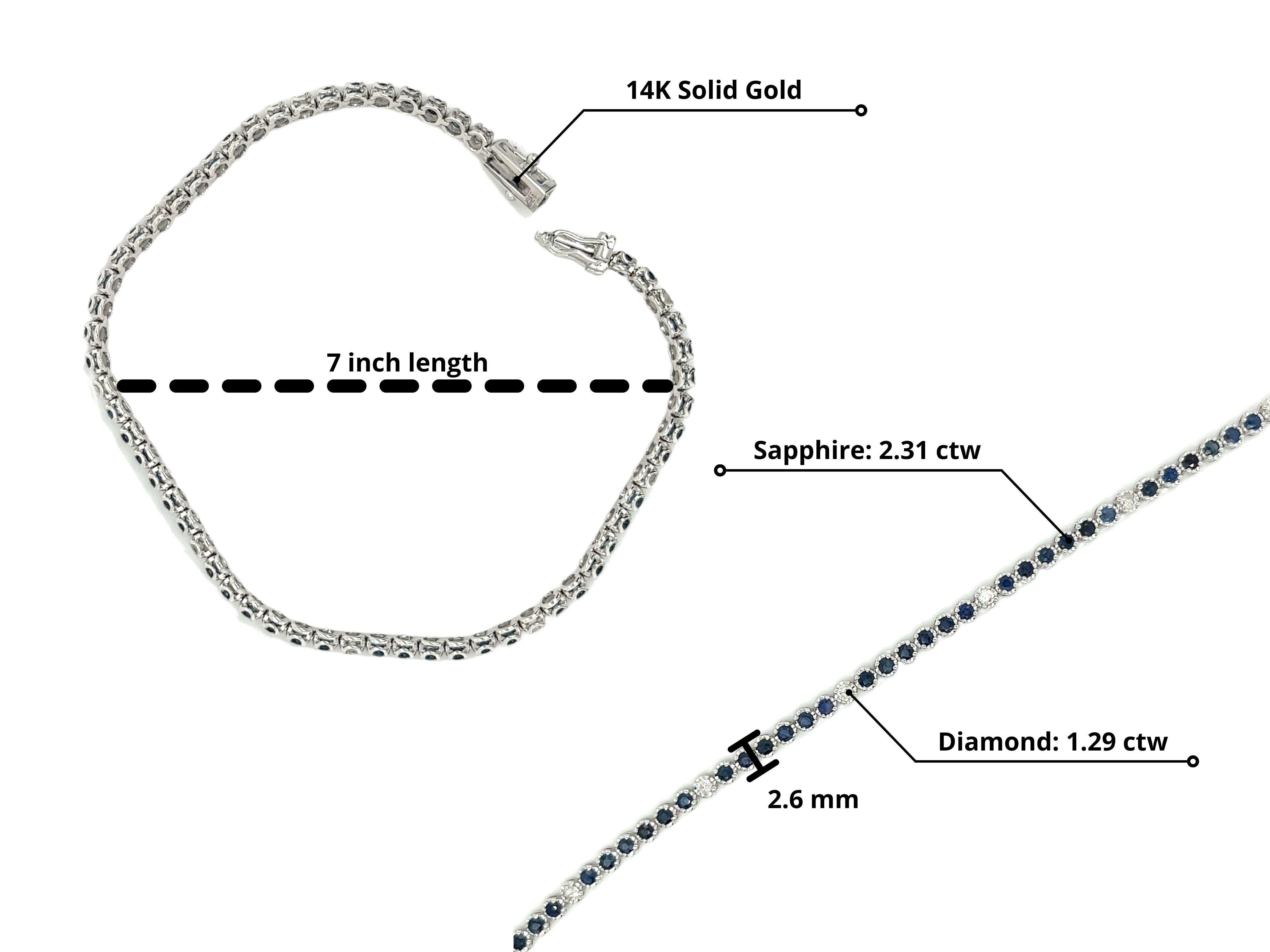 Tennisarmband aus 14 Karat Weißgold mit blauem Saphir im Rundschliff und Diamanten im Angebot 1