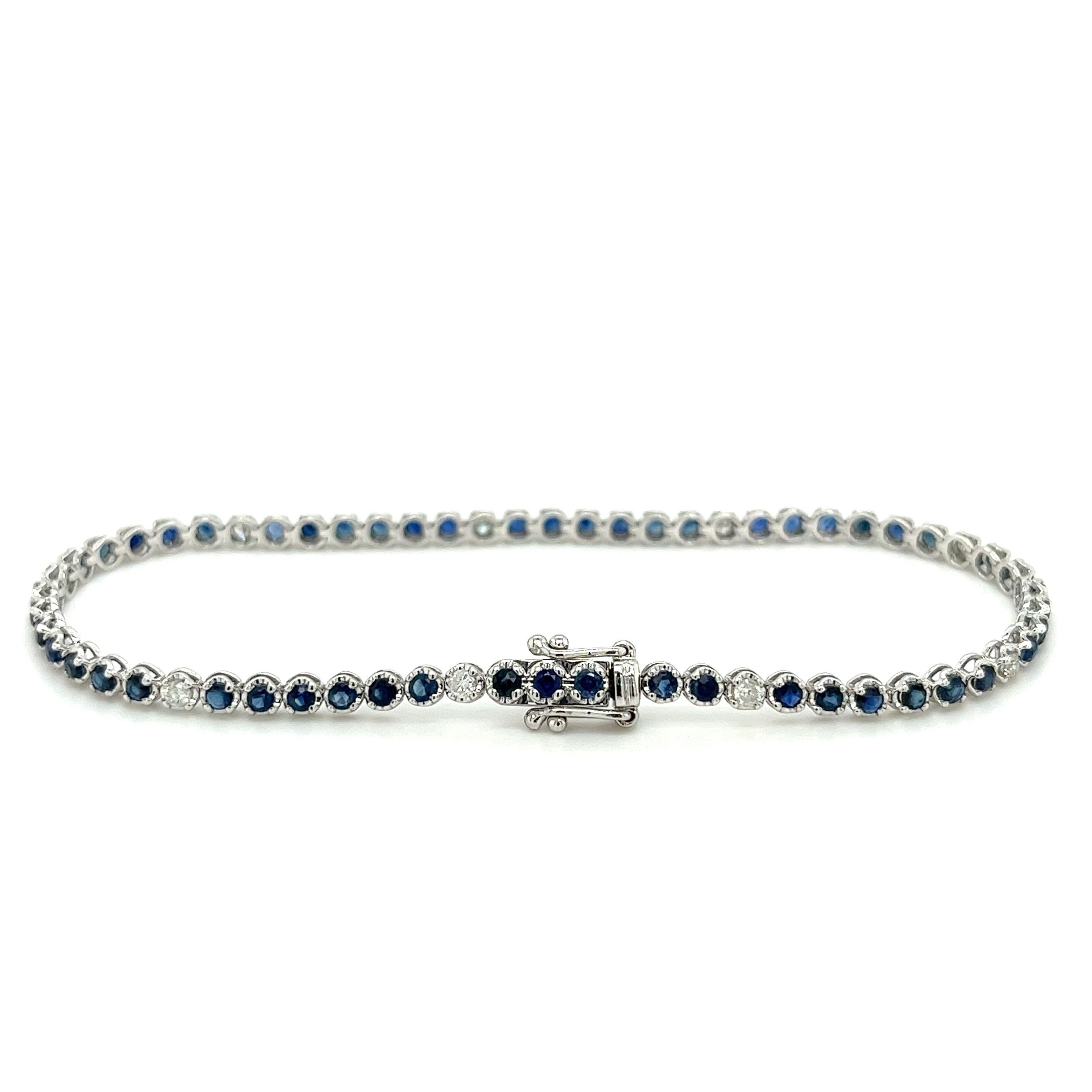 Round Cut Blue Sapphire and Diamond 14K White Gold Tennis Bracelet For Sale 1