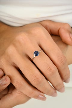 Round Cut Blue Sapphire Bezel Set Dainty Solitaire Ring in 14k Solid White Gold