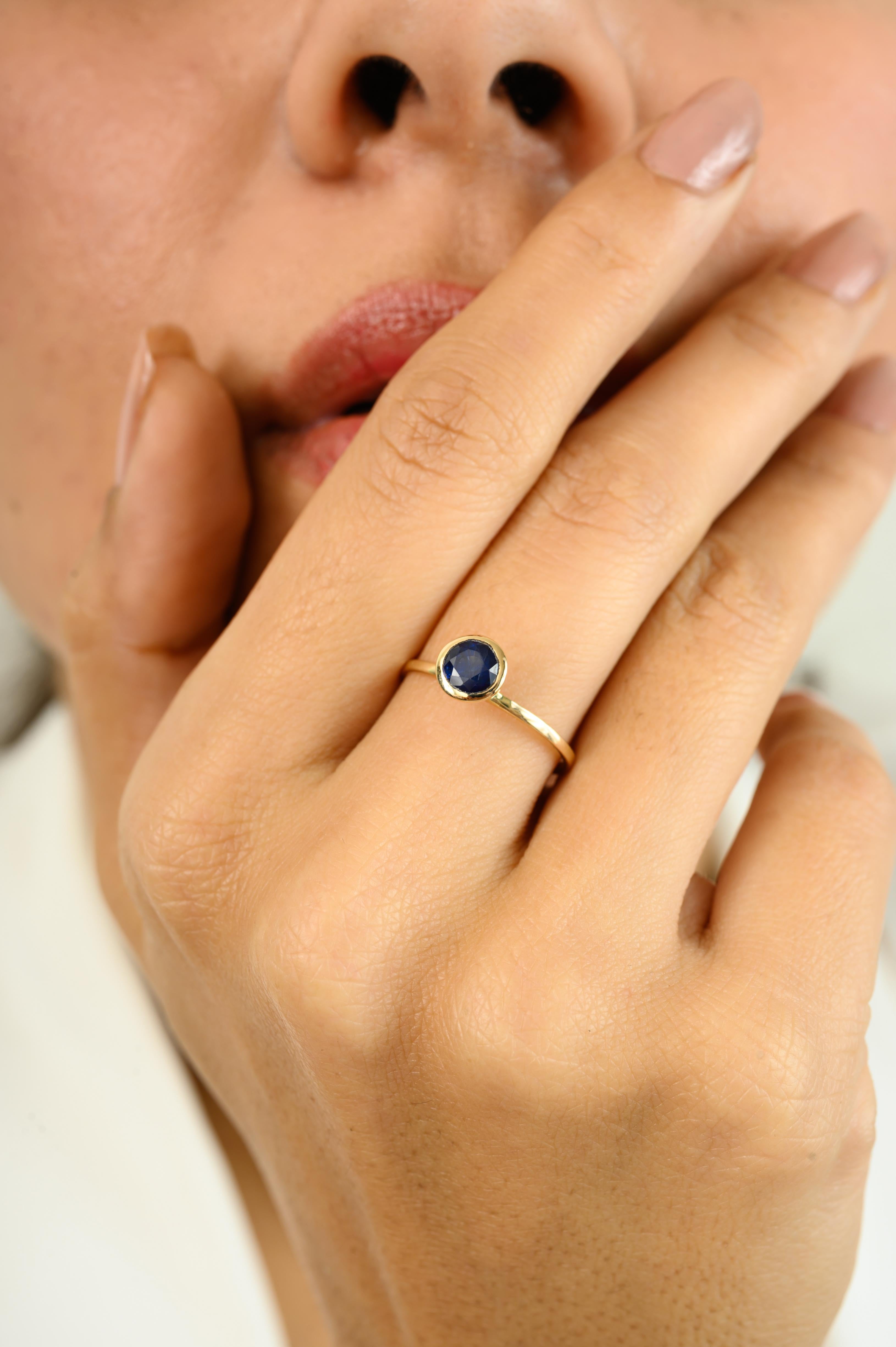For Sale:  Round Cut Blue Sapphire Bezel Set Solitaire Ring in 14k Yellow Gold Gift for her 6