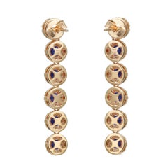 Round Cut Blue Sapphire & Diamond Halo Long Drop Earrings 14K Yellow Gold 1.6 In