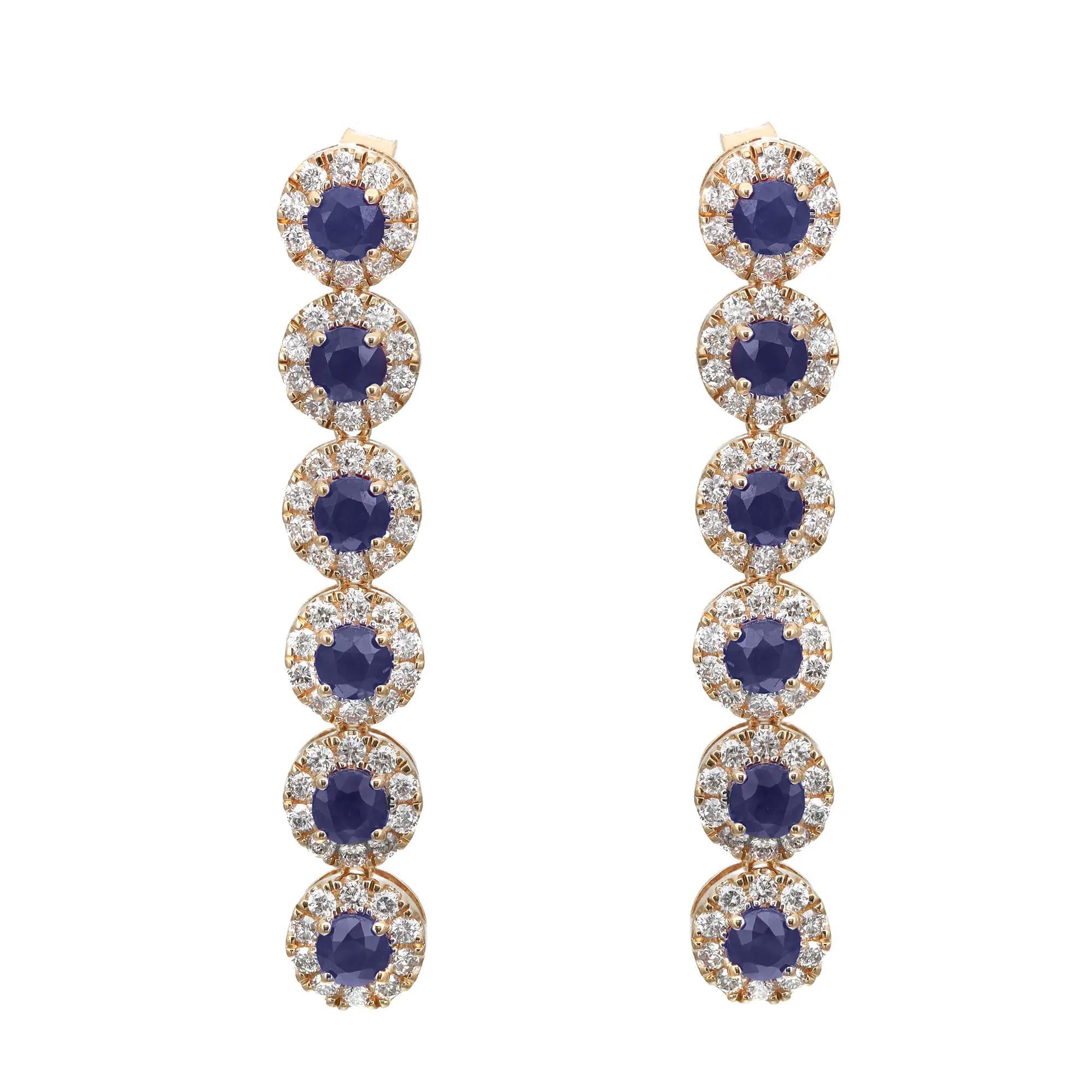 Modern Round Cut Blue Sapphire & Diamond Halo Long Drop Earrings 14K Yellow Gold 1.6 In For Sale