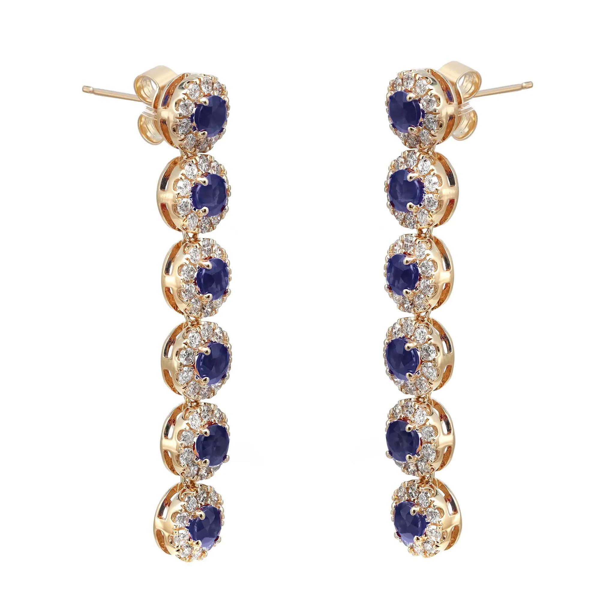 Round Cut Blue Sapphire & Diamond Halo Long Drop Earrings 14K Yellow Gold 1.6 In In New Condition For Sale In New York, NY
