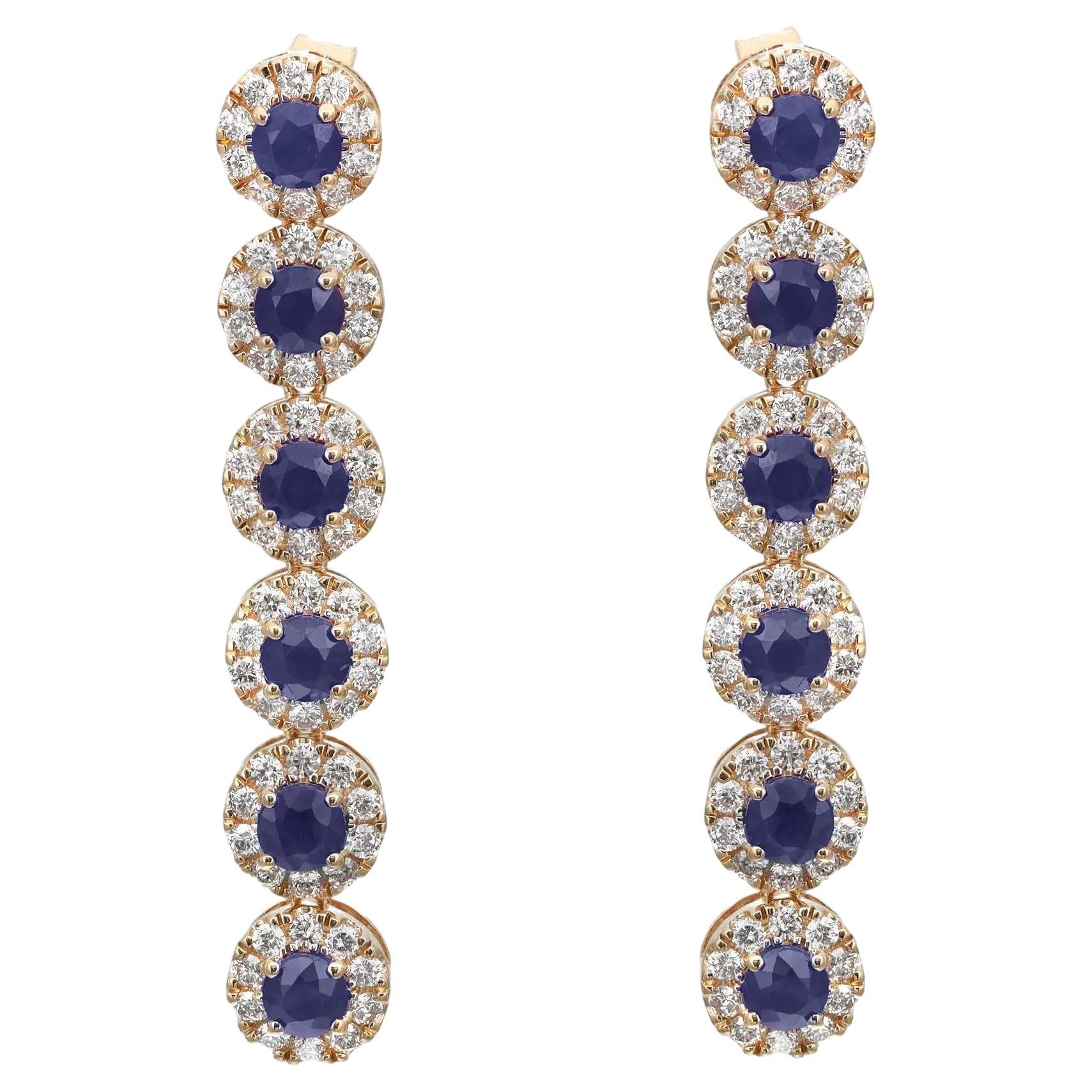 Round Cut Blue Sapphire & Diamond Halo Long Drop Earrings 14K Yellow Gold 1.6 In