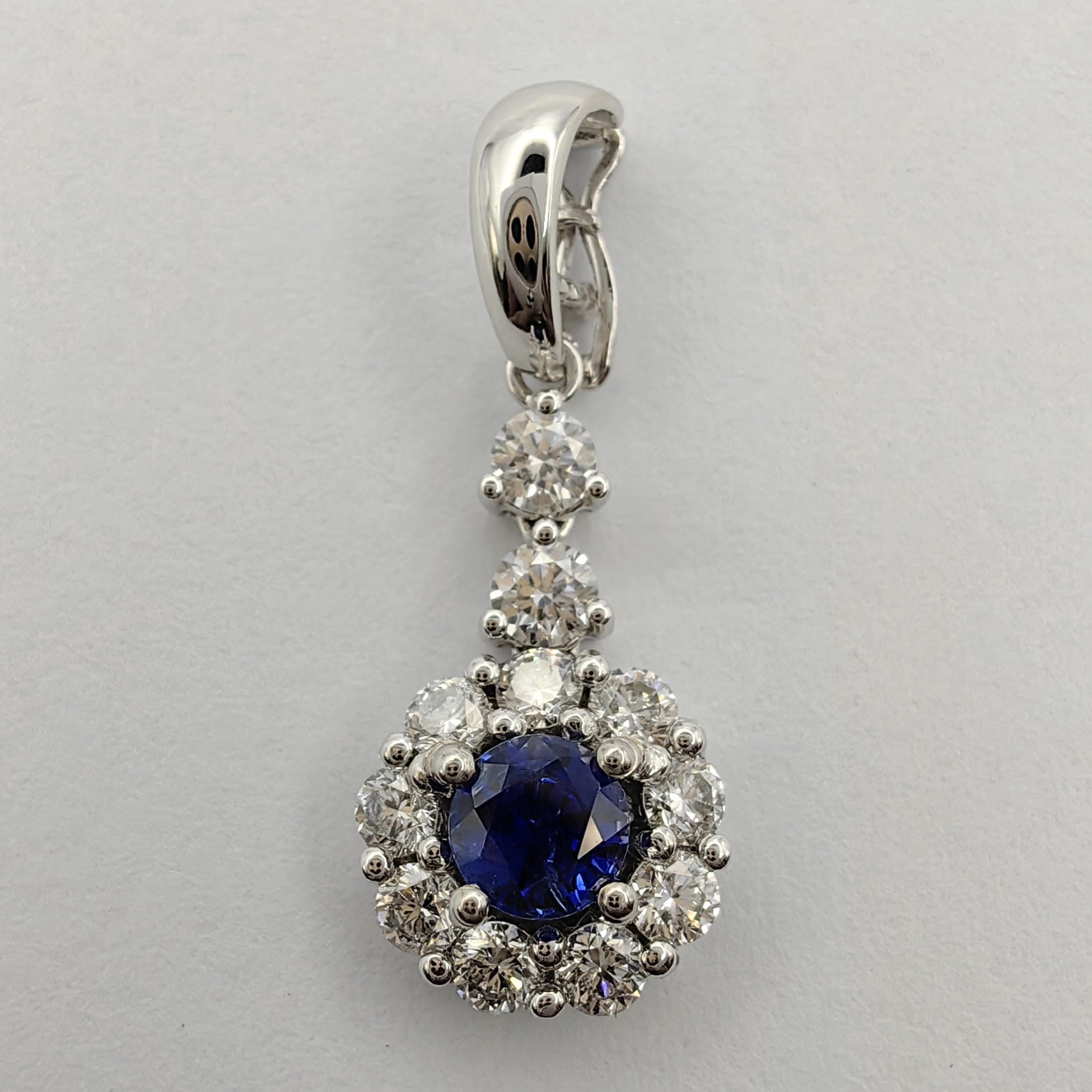 Round Cut Round-cut Blue Sapphire Diamond Halo Necklace Pendant in 18K White Gold For Sale
