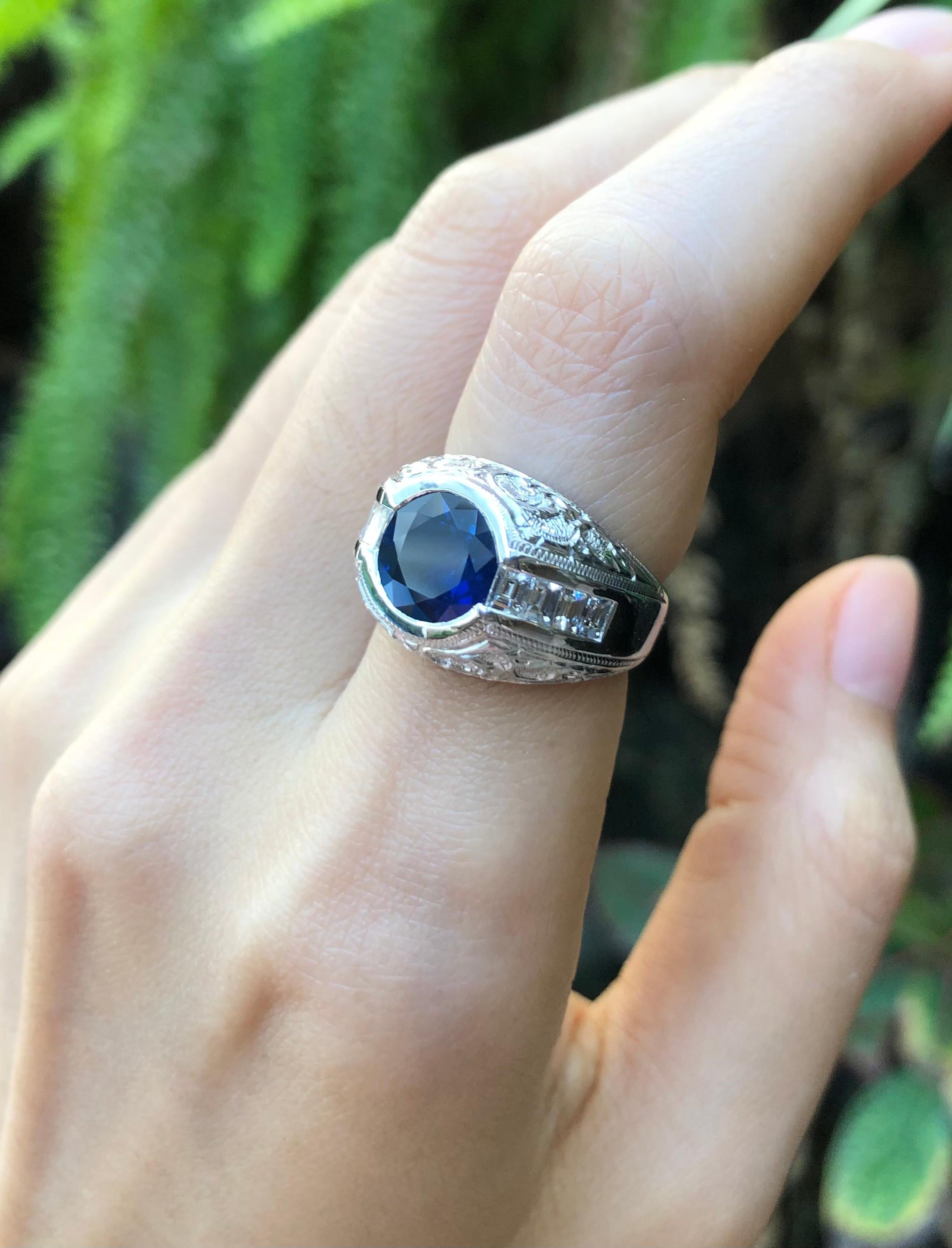Mixed Cut Round Cut Blue Sapphire, Diamond with Engraving Ring Set in Platinum 950 For Sale