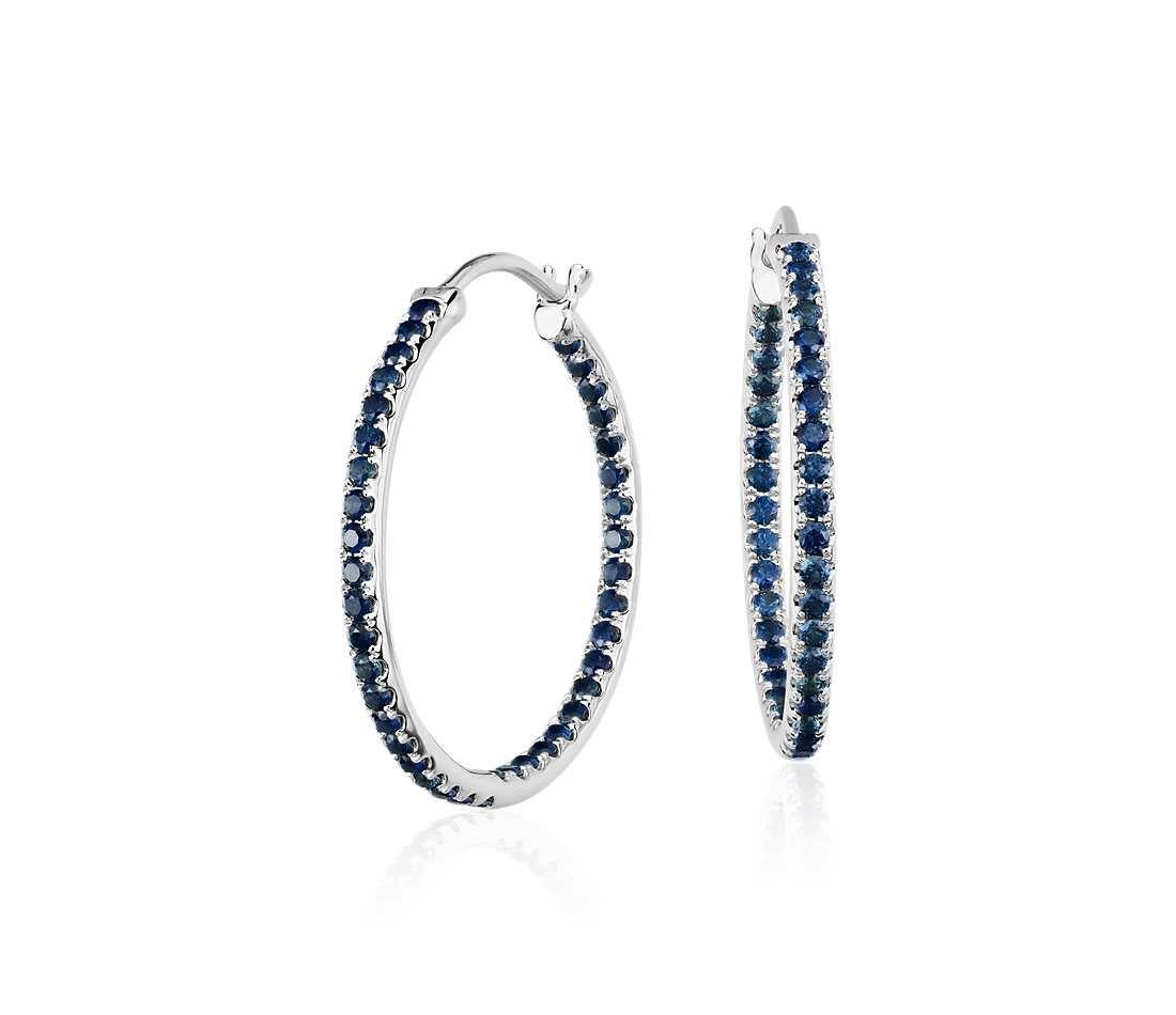 Modern Round Cut Blue Sapphire Hoop Earrings 18 Karat White Gold For Sale
