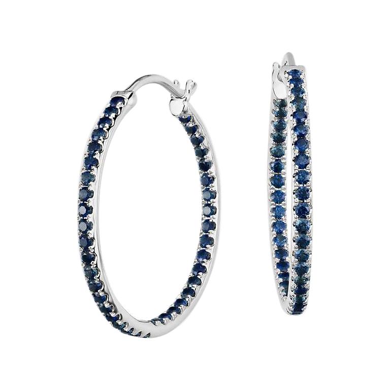 Round Cut Blue Sapphire Hoop Earrings 18 Karat White Gold For Sale