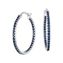 Round Cut Blue Sapphire Hoop Earrings 18 Karat White Gold