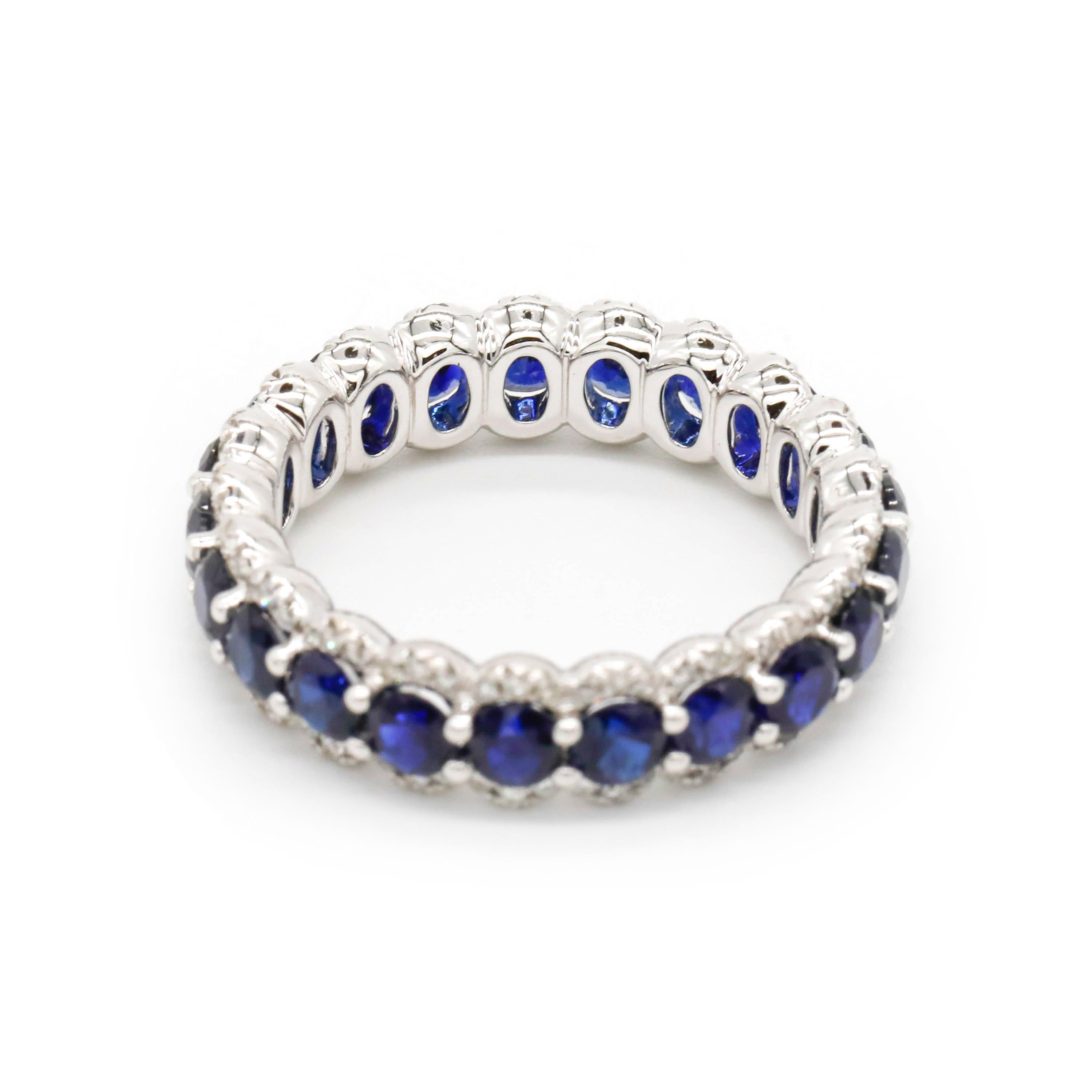 Round Cut Blue Sapphire Prong Set Diamond Eternity Band Ring in 18 k Gold White

A wedding band or an Anniversary ring - this ring is just perfection. Featuring a single row of natural blue sapphire stones of Round cut, set in a prong setting.