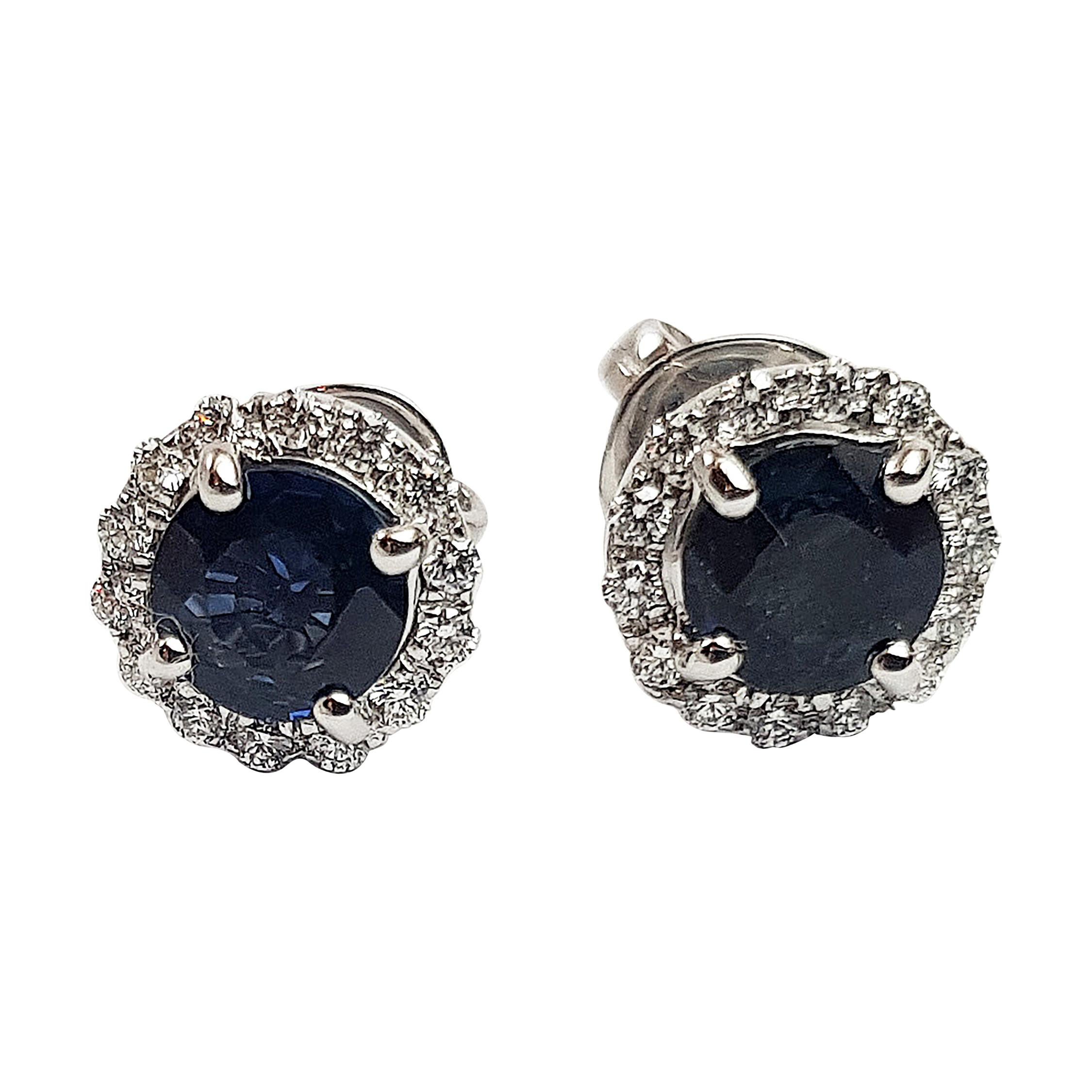 Round Cut Blue Sapphire with Diamond Earrings Set in 18k White Gold Settings