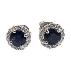 Round Cut Blue Sapphire with Diamond Earrings Set in 18k White Gold Settings