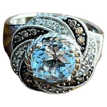 Round Cut Blue Topaz White Brown Diamonds Pave Milgrain 14K White Gold Ring