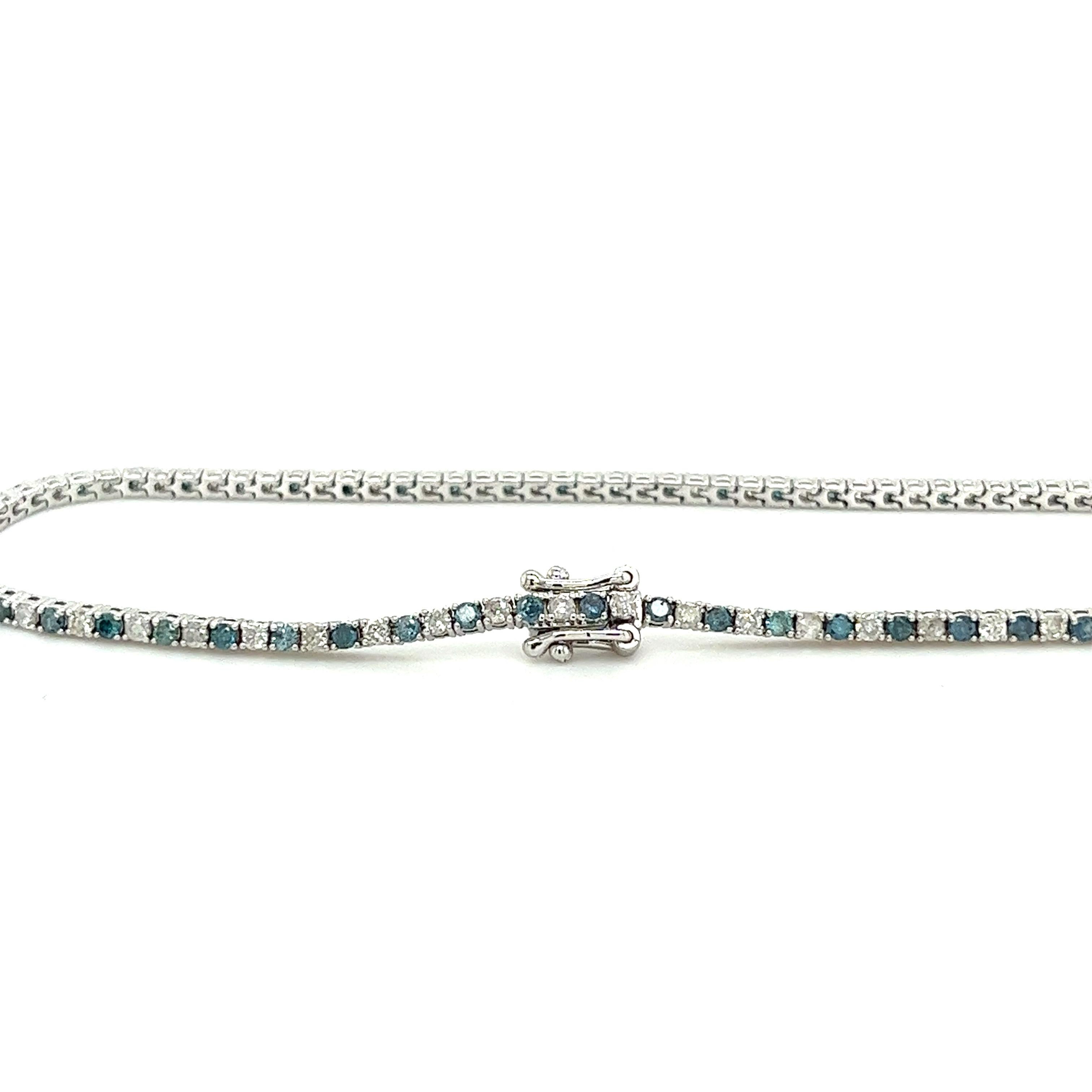 Modern Round Cut Blue & White Diamond Box Style Tennis Bracelet in 18K White Gold For Sale