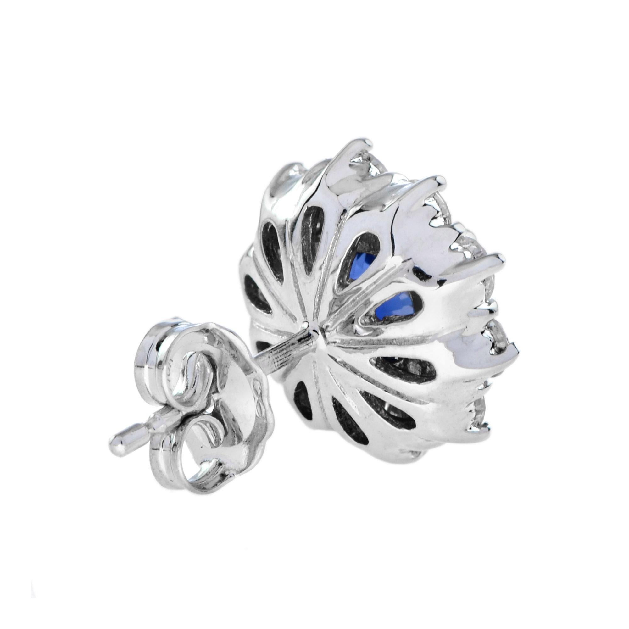 Pendientes de oro blanco con zafiro azul de Ceilán talla redonda y halo de diamantes Art Decó en venta