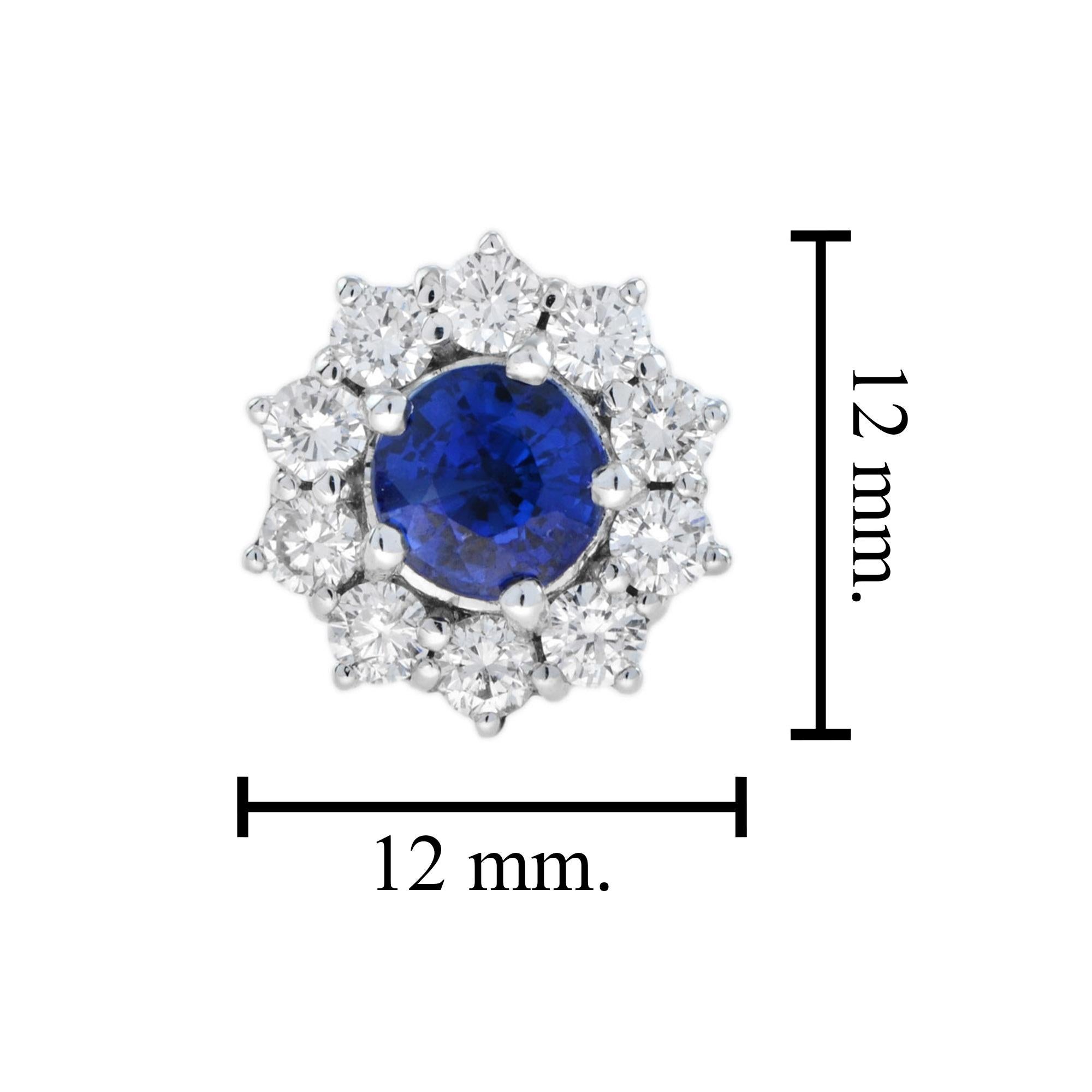 De las mujeres Pendientes de oro blanco con zafiro azul de Ceilán talla redonda y halo de diamantes en venta