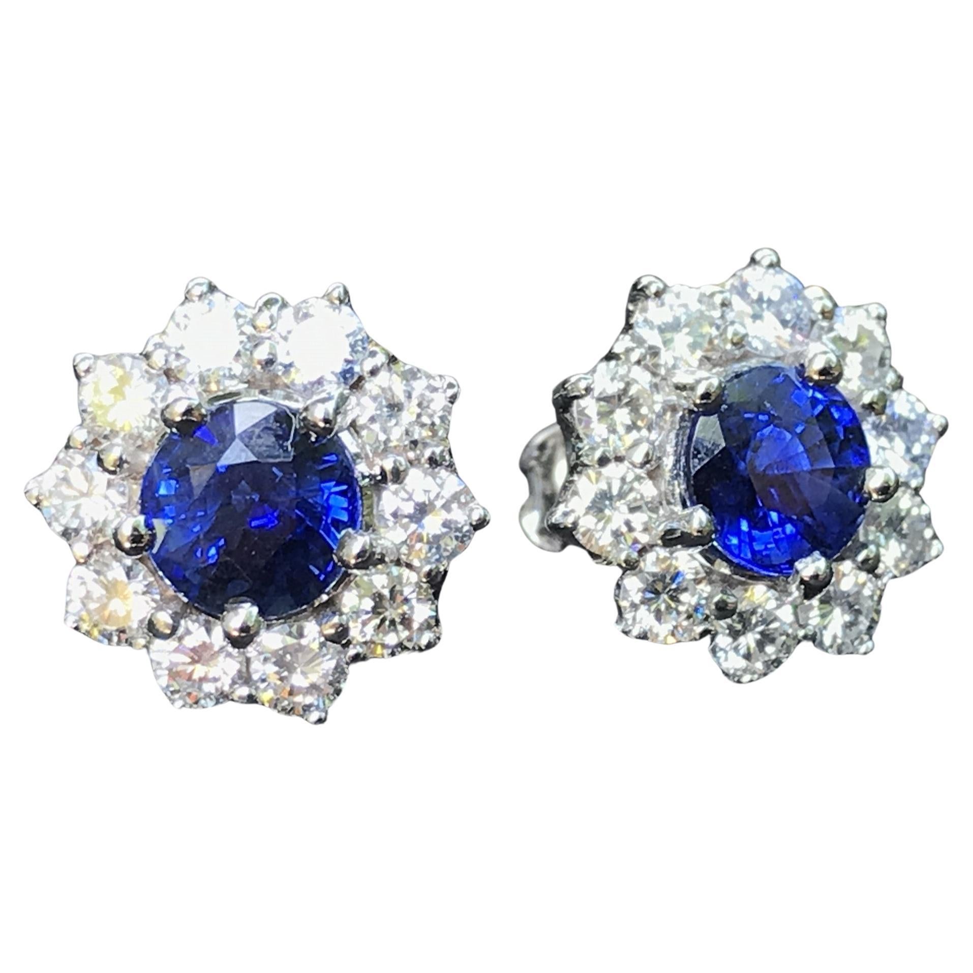 Round Cut Ceylon Blue Sapphire & Diamond Halo Set Stud White Gold Earrings