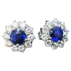 Round Cut Ceylon Blue Sapphire & Diamond Halo Set Stud White Gold Earrings