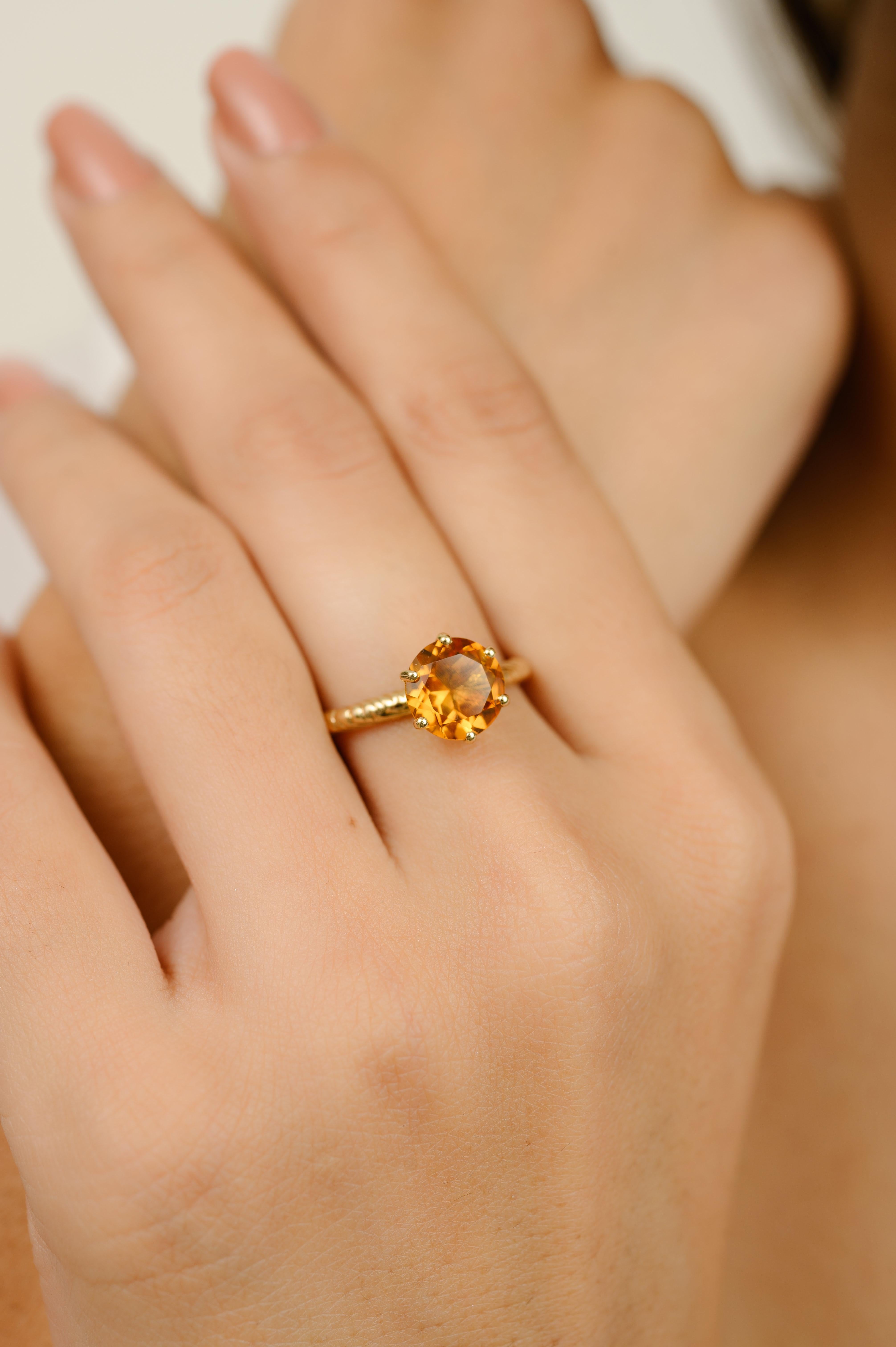 En vente :  Bague solitaire en or jaune massif 14 carats avec citrine taille ronde 4