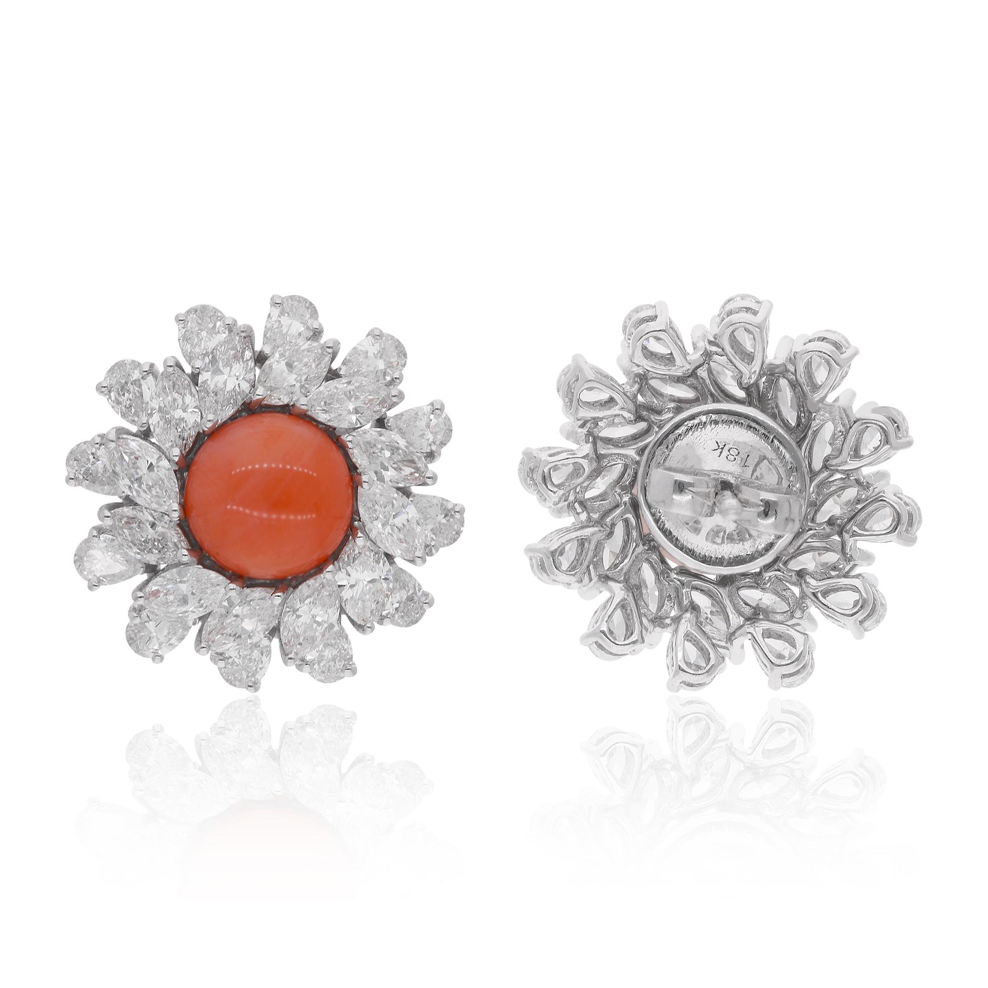 Modern Round Cut Coral Gemstone Halo Diamond Stud Earrings 14k White Gold Fine Jewelry For Sale