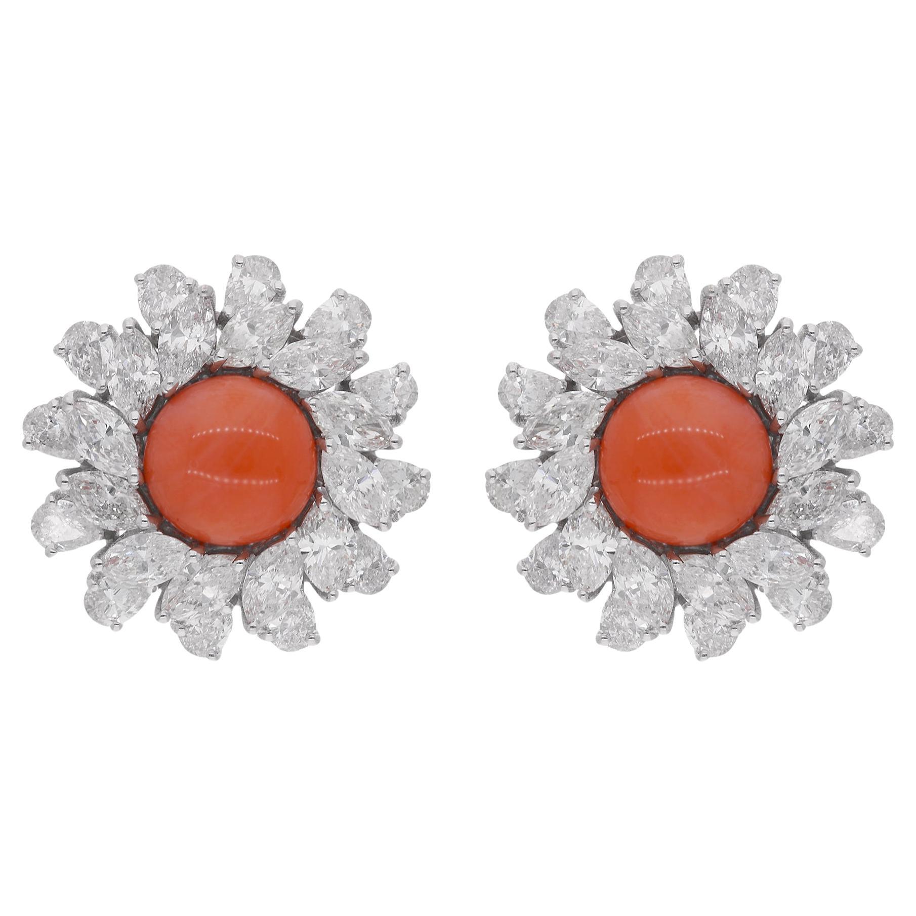 Pendientes de coral talla redonda con halo de diamantes en oro blanco de 18k Joyería fina