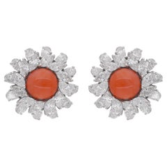 Round Cut Coral Gemstone Halo Diamond Stud Earrings 18k White Gold Fine Jewelry