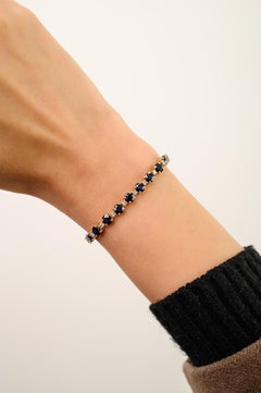 Round Cut Deep Blue Sapphire and Diamond Tennis Bracelet 4.96 Ct 18K Yellow Gold