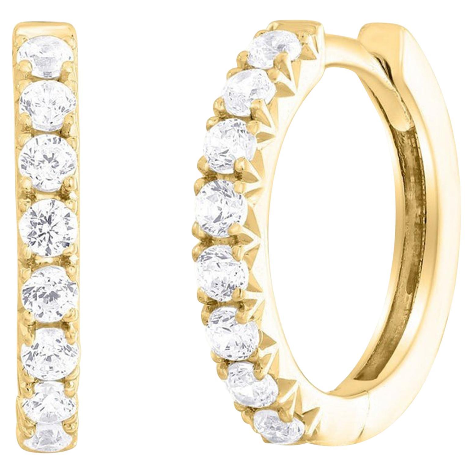 Round Cut Diamond 14K (or 18k upon request) Yellow Gold Huggie Hoops Earrings For Sale